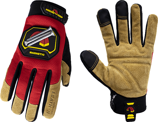 MagnoGrip Hi Dex Leather Glove with Magnetic Storage in Red color