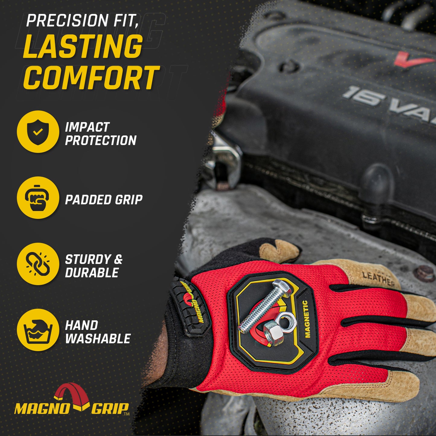 MagnoGrip Hi Dex Leather Work Glove with Integrated Magnetic Storage- Red