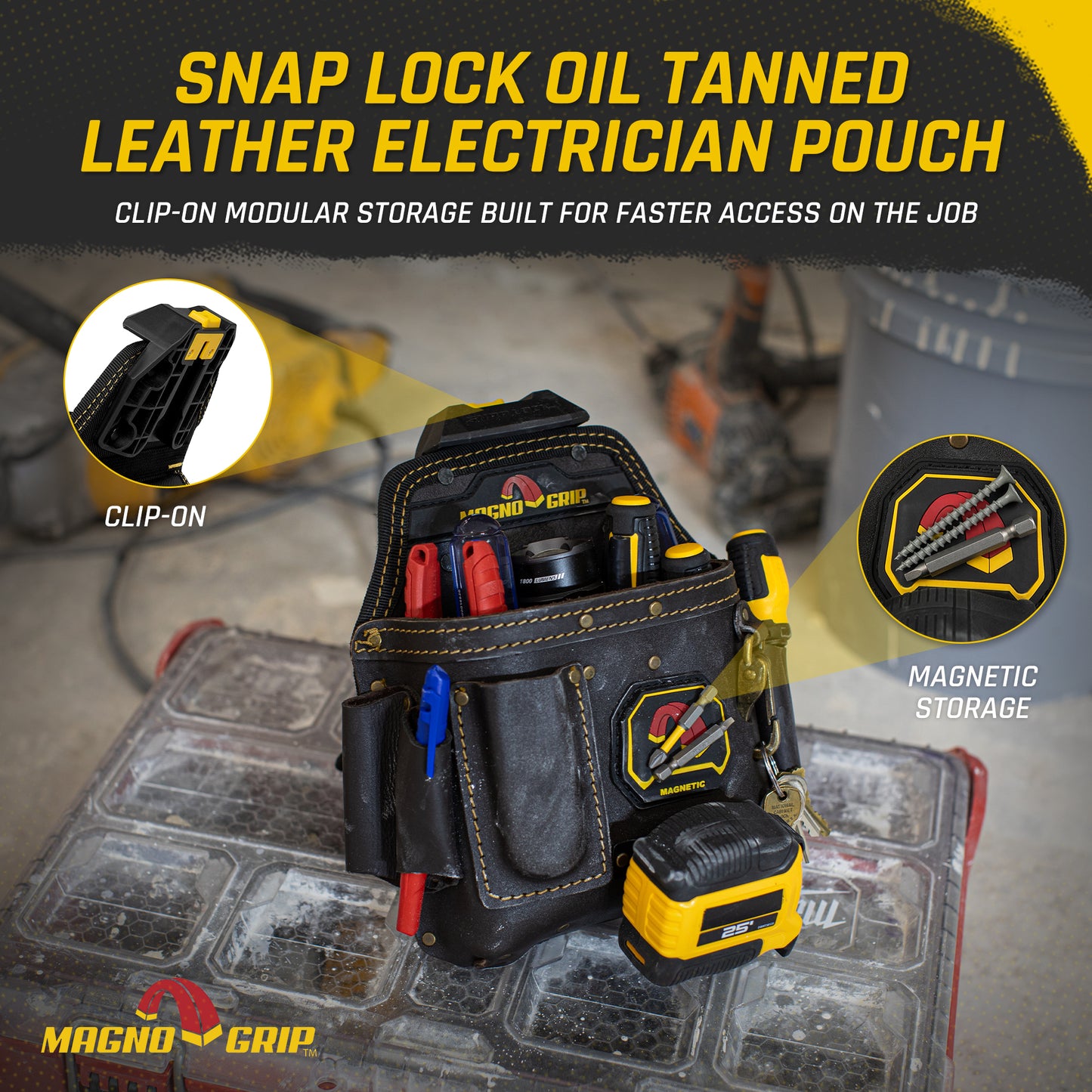 MagnoGrip Snap Lock Oil Tanned Leather Electrician Pouch
