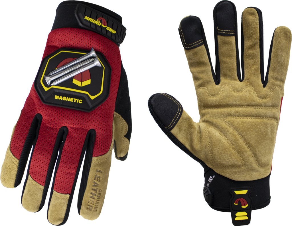 MagnoGrip Hi Dex Leather Glove with Magnetic Storage in Red color